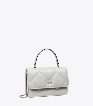 Tory Burch designer mini bags Mini Kira Diamond Quilt Charm Top-Handle Crossbody in Gray angle