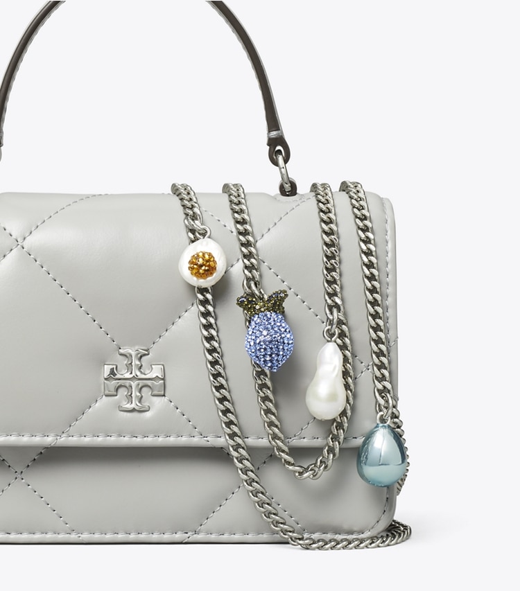 Tory Burch designer mini bags Mini Kira Diamond Quilt Charm Top-Handle Crossbody in Gray detail
