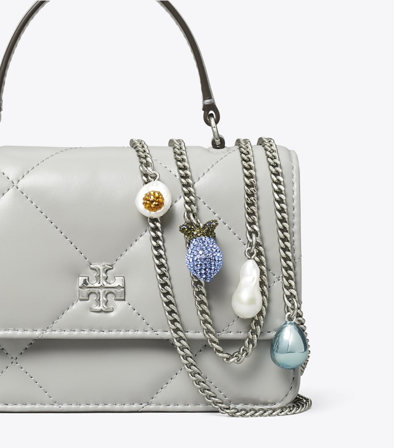 Tory Burch designer mini bags Mini Kira Diamond Quilt Charm Top-Handle Crossbody in Gray angle