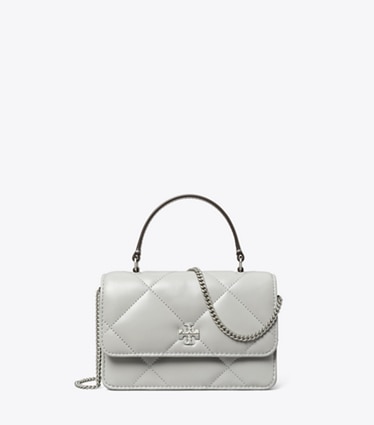 Tory Burch designer mini bags Mini Kira Diamond Quilt Charm Top-Handle Crossbody in Gray front