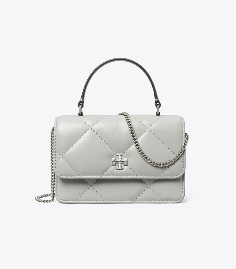 Tory Burch designer mini bags Mini Kira Diamond Quilt Charm Top-Handle Crossbody in Gray angle