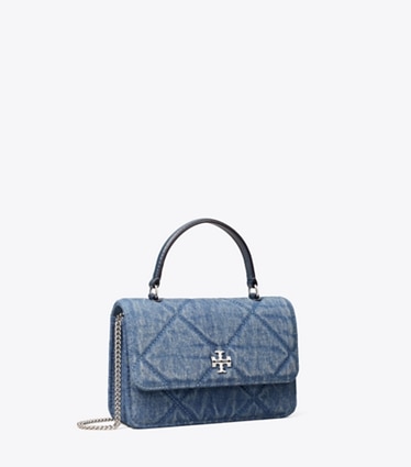 Tory Burch designer crossbody bags Mini Kira Diamond Quilt Denim Top-Handle Crossbody in Cruise angle