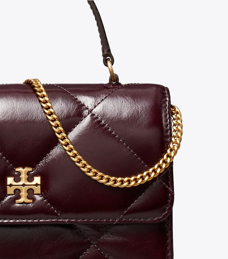 Tory Burch designer crossbody bags Mini Kira Diamond Quilt Distressed Top-Handle Crossbody in Dark Carmine / GOLD detail