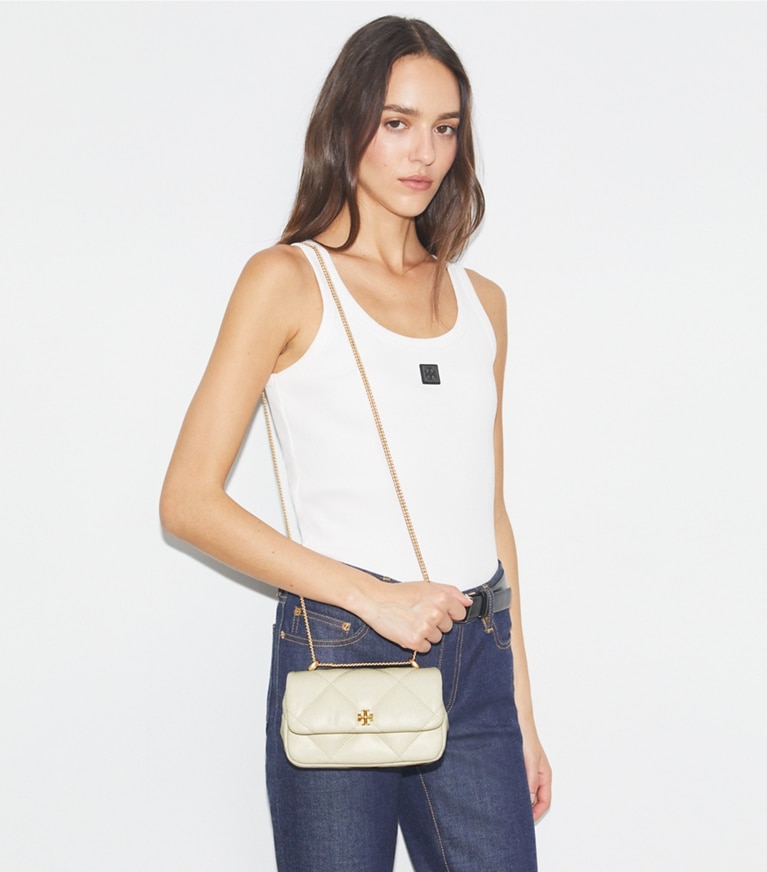 Tory Burch designer crossbody bags Mini Kira Diamond Quilt Flap Bag in Warm White angle