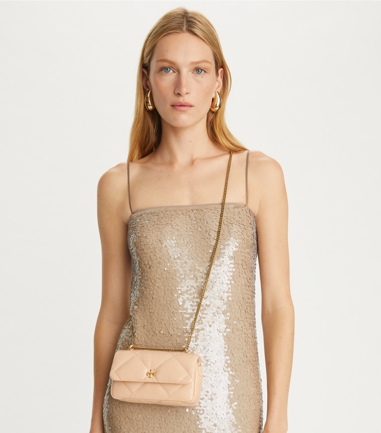 Tory Burch designer crossbody bags Mini Kira Diamond Quilt Flap Bag in Apricot angle