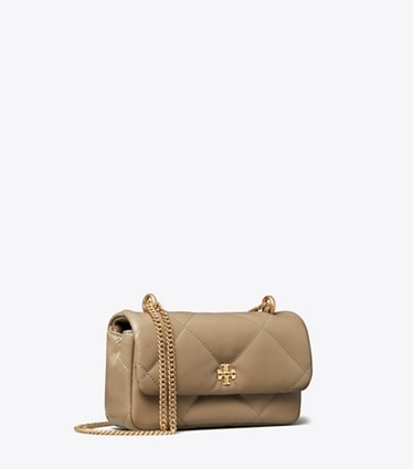 Tory Burch designer crossbody bags Mini Kira Diamond Quilt Flap Bag in Taupe Oak angle