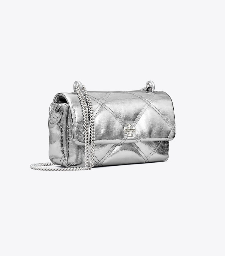 Tory Burch designer crossbody bags Mini Kira Diamond Quilt Metallic Flap Bag in Silver angle