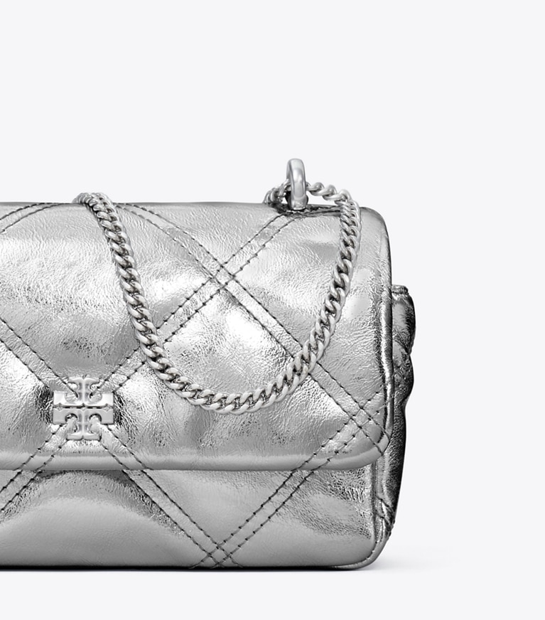 Tory Burch designer crossbody bags Mini Kira Diamond Quilt Metallic Flap Bag in Silver angle