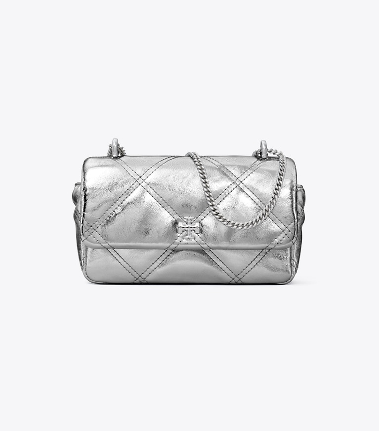 Tory Burch designer crossbody bags Mini Kira Diamond Quilt Metallic Flap Bag in Silver angle