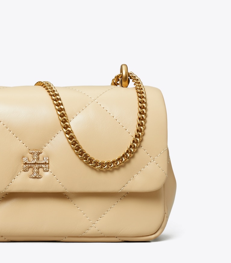 Tory Burch designer crossbody bags Mini Kira Diamond Quilt Pavé Logo Flap Bag in Vanilla Soft Serve detail