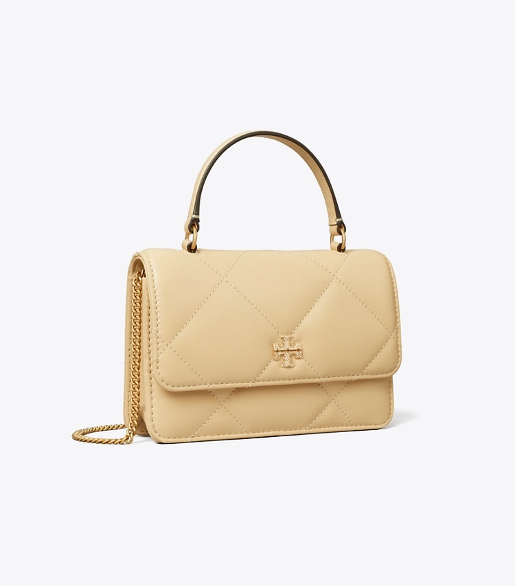Tory Burch designer ミニバッグ キラ パヴェ ロゴ ダイヤモンドキルト トップハンドル ミニチェーンウォレット in Vanilla Soft Serve angle