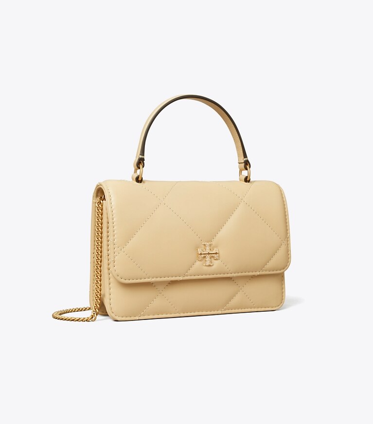 Tory Burch designer ミニバッグ キラ パヴェ ロゴ ダイヤモンドキルト トップハンドル ミニチェーンウォレット in Vanilla Soft Serve angle