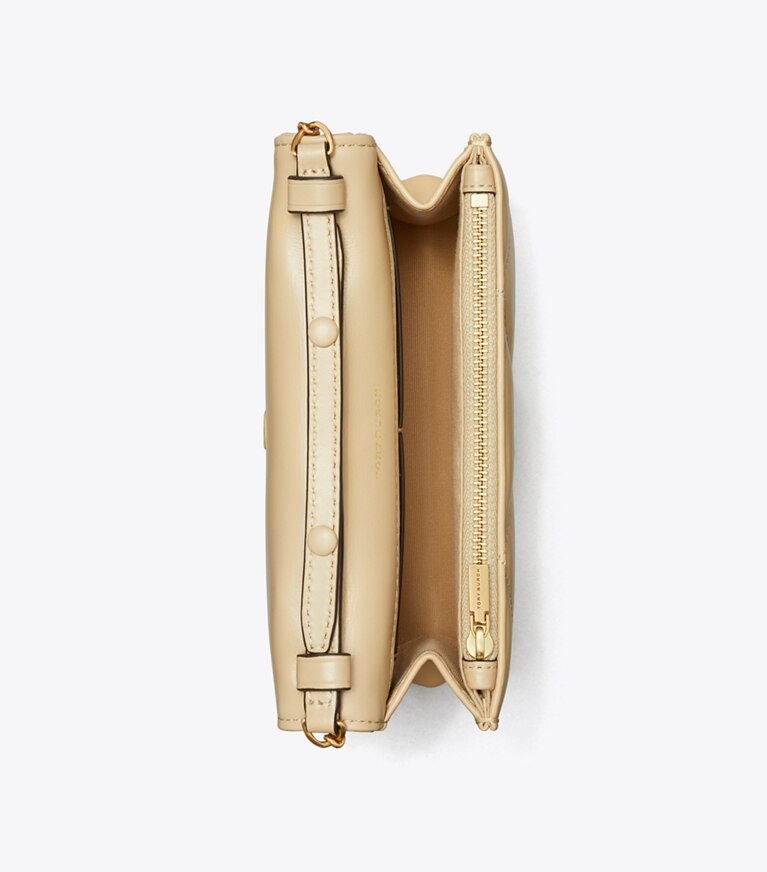 Tory Burch designer ミニバッグ キラ パヴェ ロゴ ダイヤモンドキルト トップハンドル ミニチェーンウォレット in Vanilla Soft Serve angle