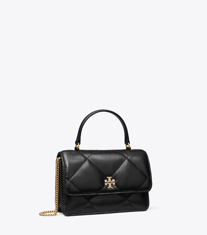 Tory Burch designer ミニバッグ キラ ダイヤモンドキルト パヴェ ロゴ トップハンドル ミニチェーンウォレット in Black angle