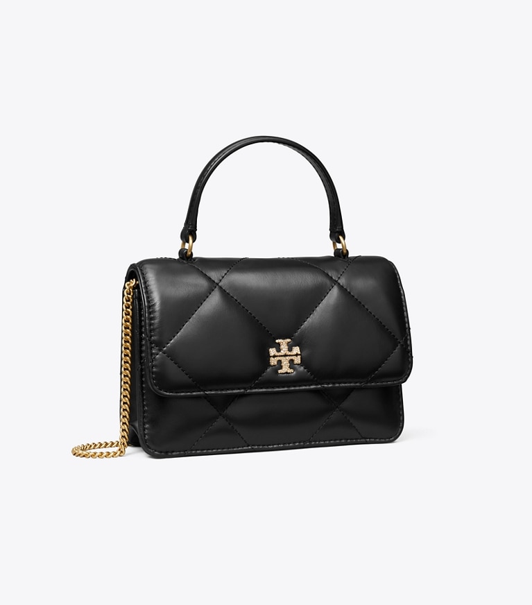 Tory Burch designer mini bags Mini Kira Diamond Quilt Pavé Logo Top-Handle Crossbody in Black angle