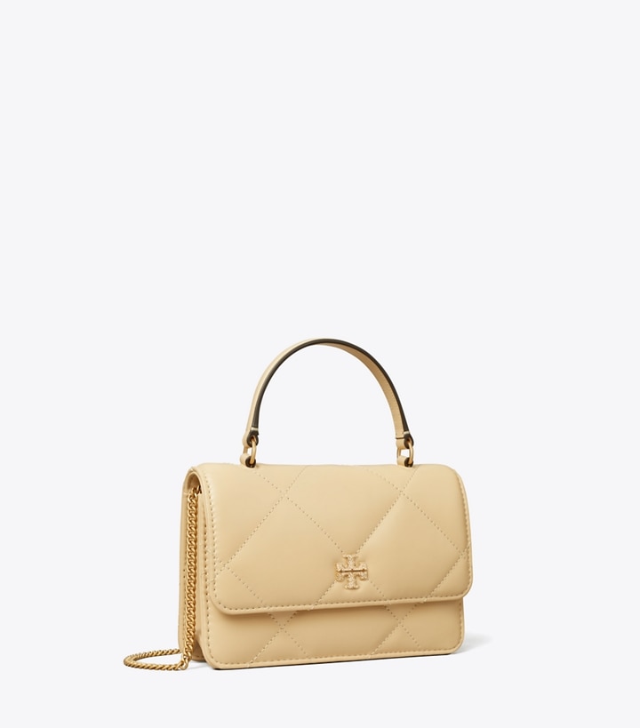 Tory Burch designer ミニバッグ キラ パヴェ ロゴ ダイヤモンドキルト トップハンドル ミニチェーンウォレット in Vanilla Soft Serve angle