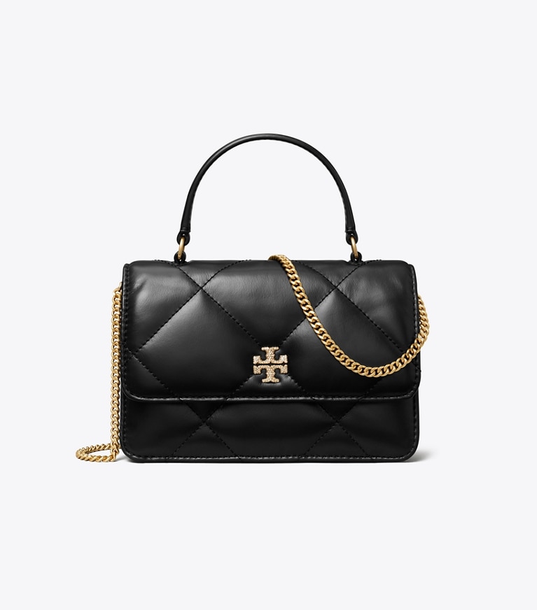 Tory Burch designer mini bags Mini Kira Diamond Quilt Pavé Logo Top-Handle Crossbody in Black angle