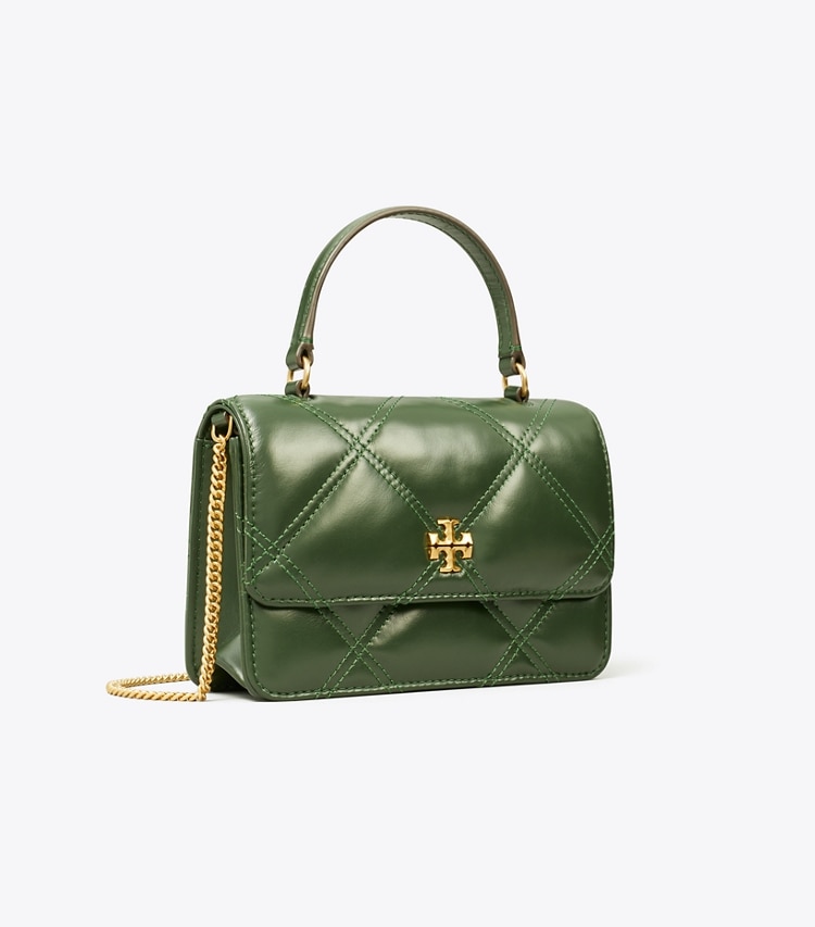 Tory Burch designer ミニバッグ キラ ダイヤモンドキルト トップハンドル ミニチェーンウォレット in Basil angle