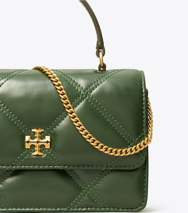 Tory Burch designer ミニバッグ キラ ダイヤモンドキルト トップハンドル ミニチェーンウォレット in Basil angle