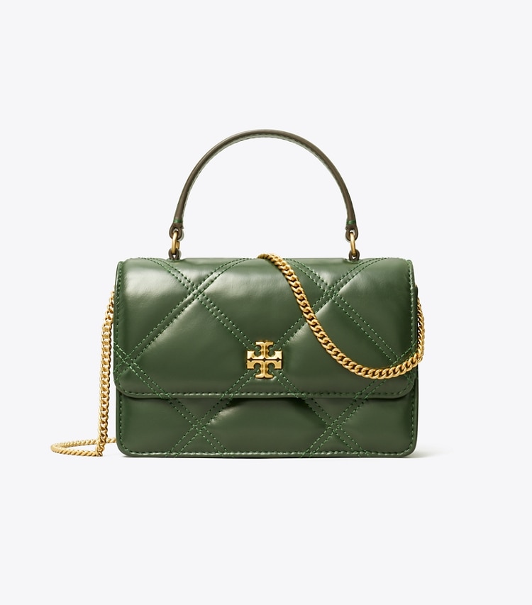 Tory Burch designer ミニバッグ キラ ダイヤモンドキルト トップハンドル ミニチェーンウォレット in Basil front