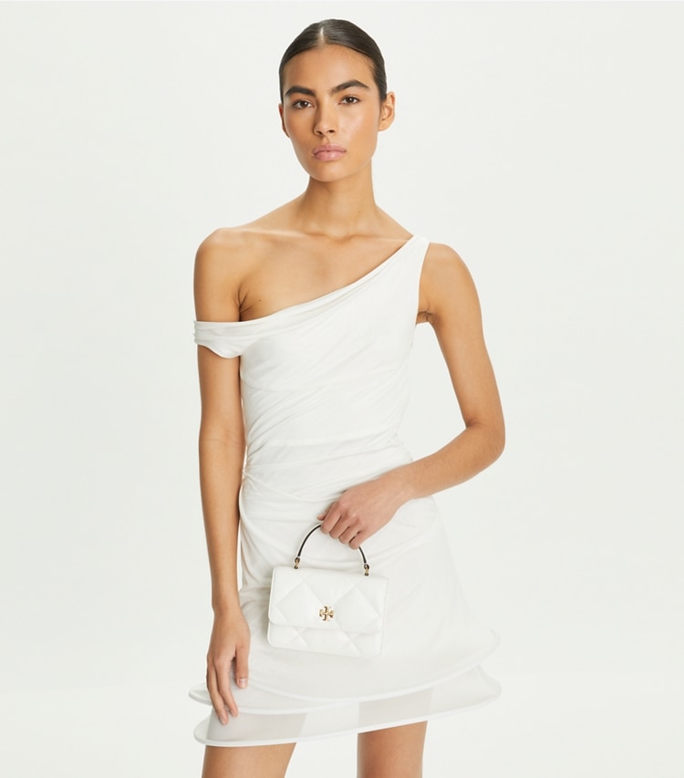 Tory Burch designer mini bags Mini Kira Diamond Quilt Top-Handle Crossbody in Cirrus Cloud additional on model