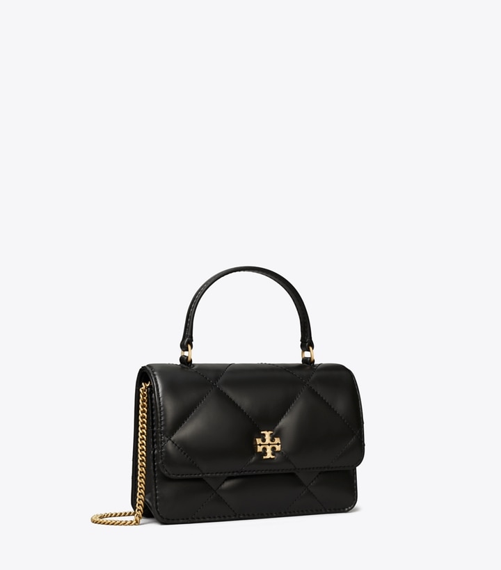 Tory Burch designer ミニバッグ キラ ダイヤモンドキルト トップハンドル ミニチェーンウォレット in Black angle
