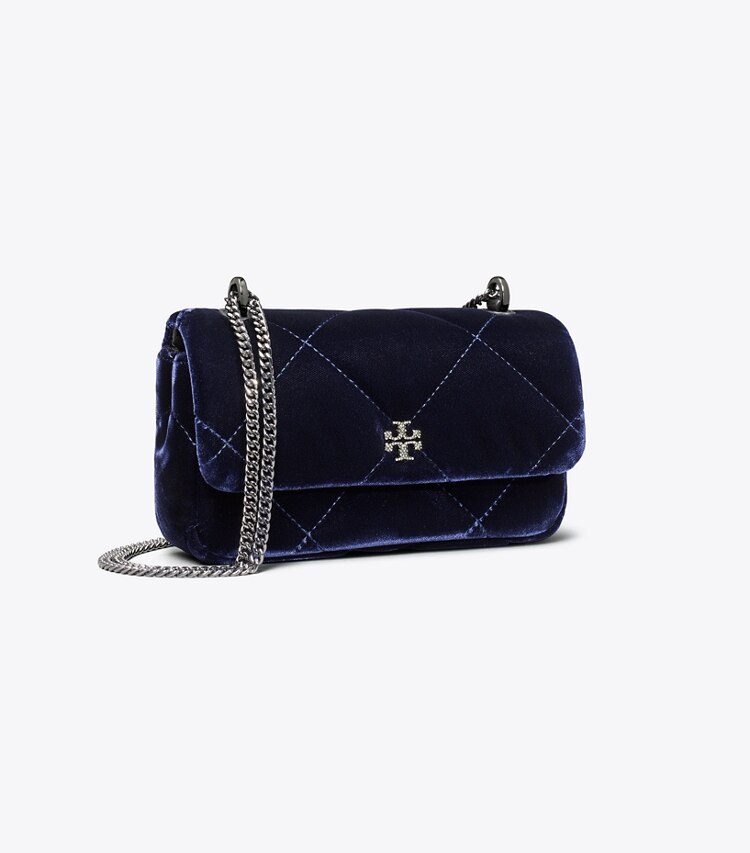 Tory Burch designer crossbody bags Mini Kira Diamond Quilt Velvet Pavé Flap Bag in PERFECT NAVY angle