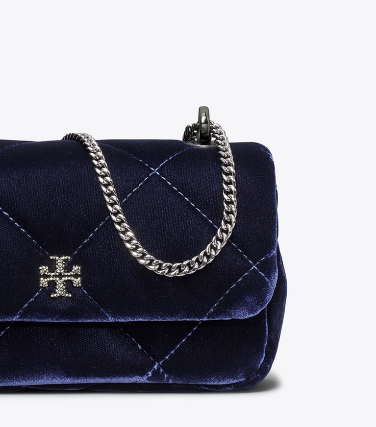 Tory Burch designer crossbody bags Mini Kira Diamond Quilt Velvet Pavé Flap Bag in PERFECT NAVY angle