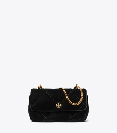 Tory Burch designer crossbody bags Mini Kira Diamond Quilt Velvet Pavé Flap Bag in Black front