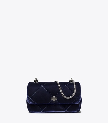 Tory Burch designer crossbody bags Mini Kira Diamond Quilt Velvet Pavé Flap Bag in PERFECT NAVY front