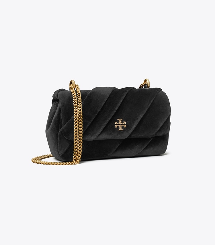 Tory Burch designer crossbody bags Mini Kira Draped Velvet Flap Bag in Black angle