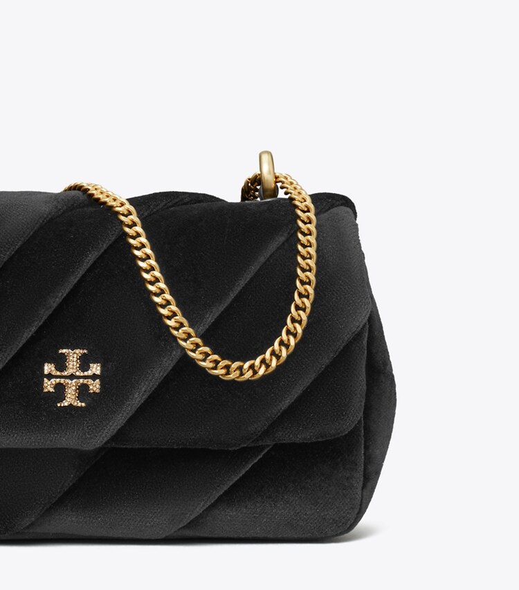 Tory Burch designer crossbody bags Mini Kira Draped Velvet Flap Bag in Black detail