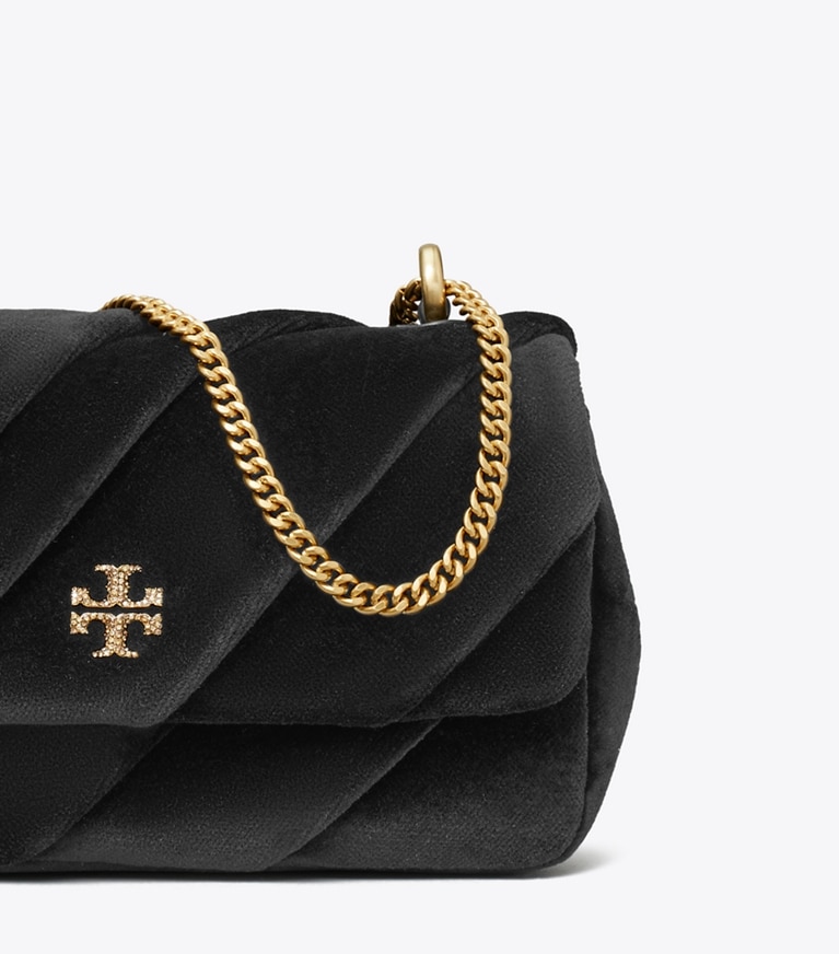 Tory Burch designer crossbody bags Mini Kira Draped Velvet Flap Bag in Black angle