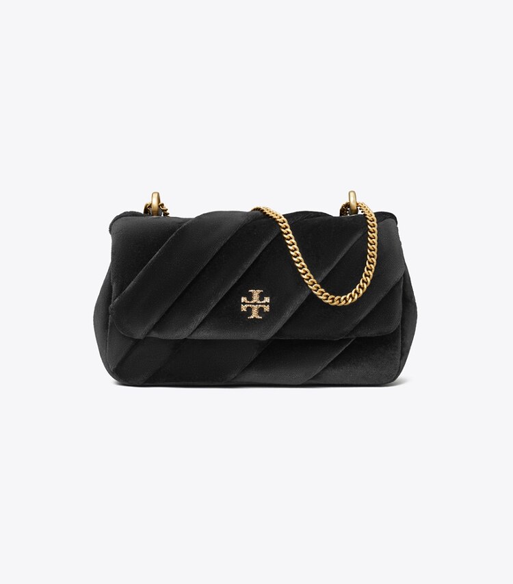 Tory Burch designer crossbody bags Mini Kira Draped Velvet Flap Bag in Black front