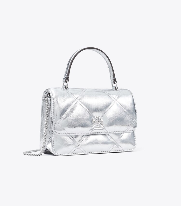 Tory Burch designer mini bags Mini Kira Metallic Diamond Quilt Top Handle Chain Wallet in Silver angle