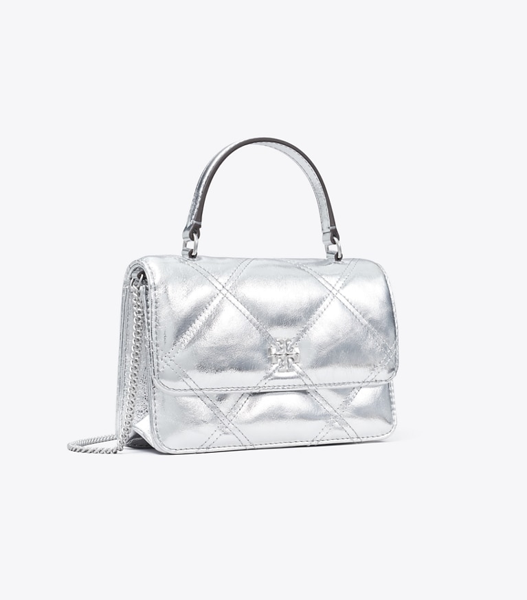Tory Burch designer mini bags Mini Kira Metallic Diamond Quilt Top Handle Chain Wallet in Silver angle