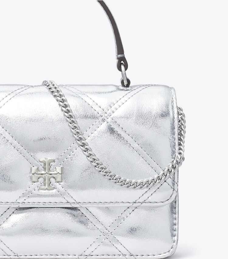 Tory Burch designer mini bags Mini Kira Metallic Diamond Quilt Top Handle Chain Wallet in Silver detail