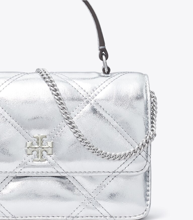 Tory Burch designer mini bags Mini Kira Metallic Diamond Quilt Top Handle Chain Wallet in Silver angle