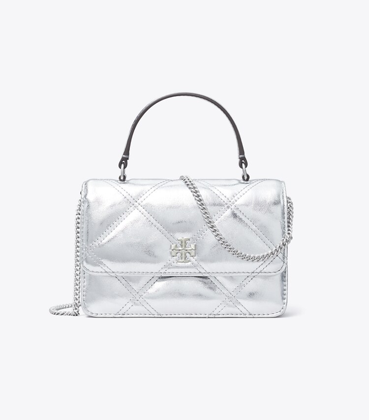 Tory Burch designer mini bags Mini Kira Metallic Diamond Quilt Top Handle Chain Wallet in Silver front