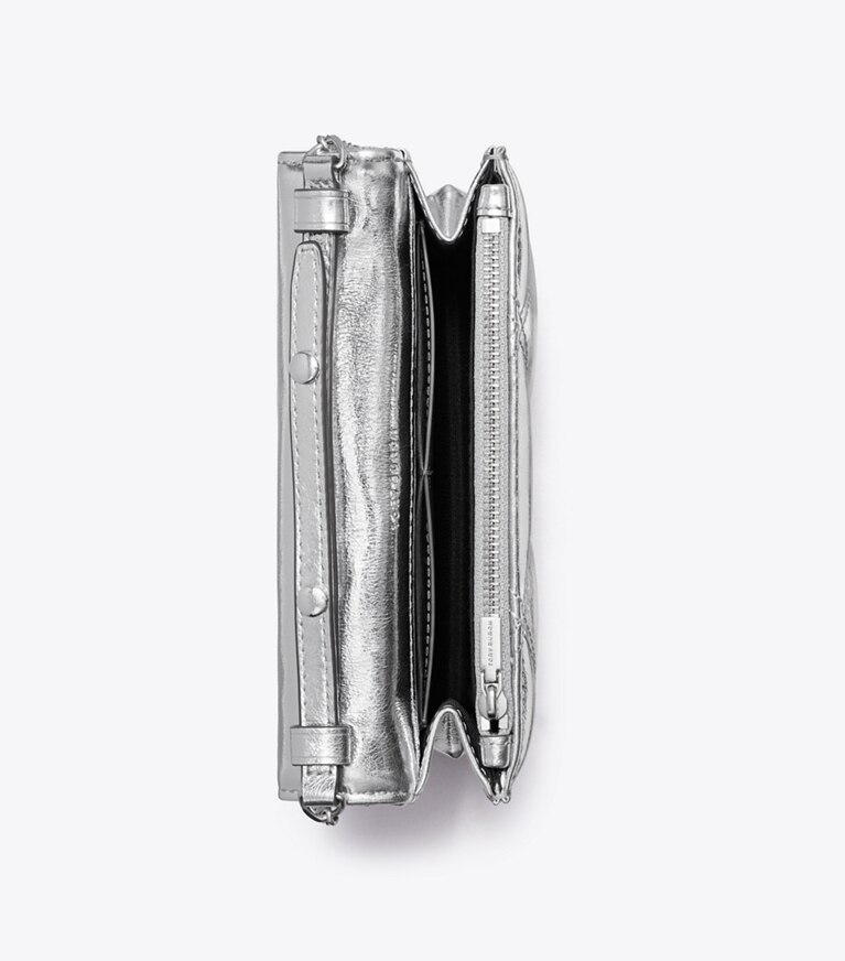 Tory Burch designer mini bags Mini Kira Metallic Diamond Quilt Top Handle Chain Wallet in Silver angle
