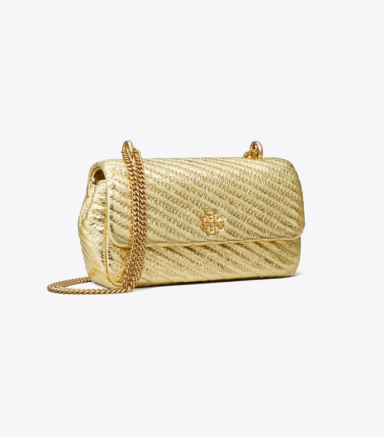 Tory Burch designer crossbody bags Mini Kira Moto Quilt Metallic Flap Bag in Gold angle