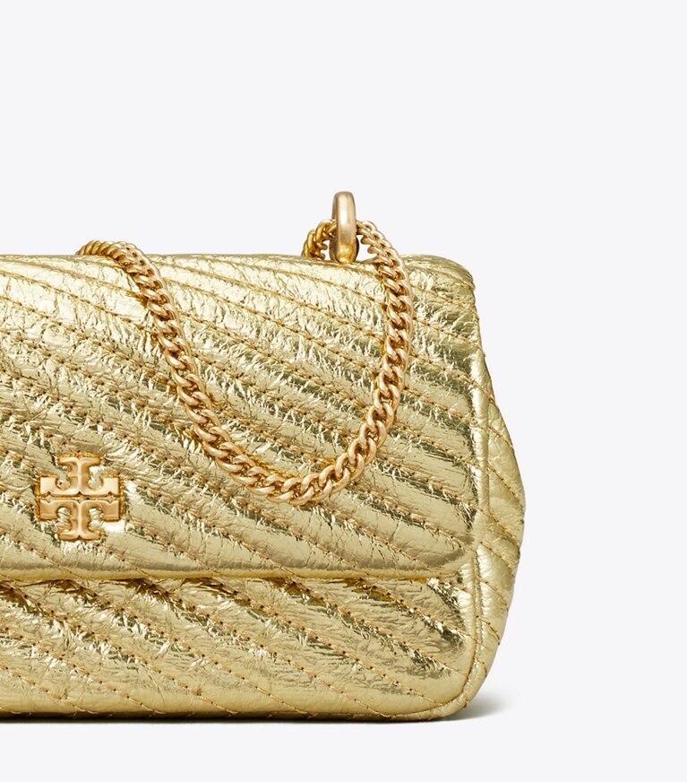 Tory Burch designer crossbody bags Mini Kira Moto Quilt Metallic Flap Bag in Gold angle