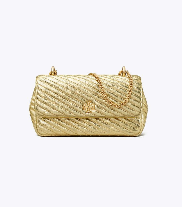 Tory Burch designer crossbody bags Mini Kira Moto Quilt Metallic Flap Bag in Gold front