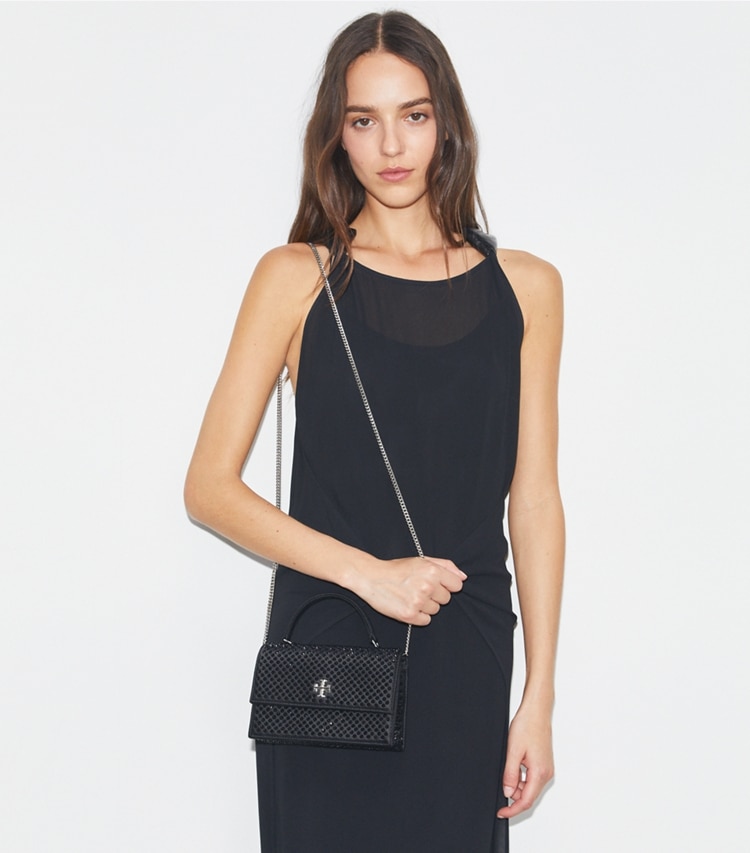 Tory Burch designer mini bags Mini Kira Satin Embellished Top-Handle Chain Wallet in Black accessory on model