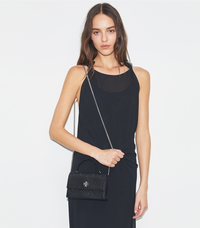 Tory Burch designer mini bags Mini Kira Satin Embellished Top-Handle Chain Wallet in Black angle