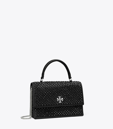 Tory Burch designer mini bags Mini Kira Satin Embellished Top-Handle Chain Wallet in Black angle