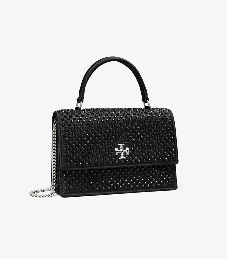 Tory Burch designer mini bags Mini Kira Satin Embellished Top-Handle Chain Wallet in Black angle