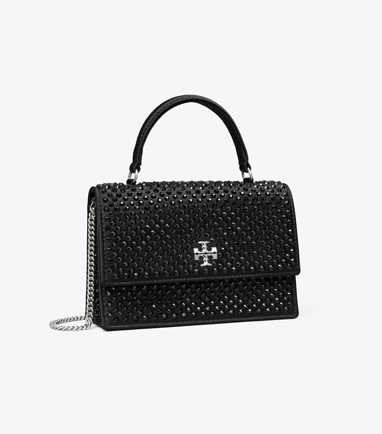 Tory Burch designer mini bags Mini Kira Satin Embellished Top-Handle Chain Wallet in Black angle
