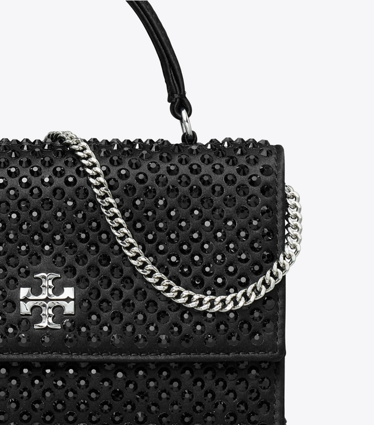 Tory Burch designer mini bags Mini Kira Satin Embellished Top-Handle Chain Wallet in Black angle