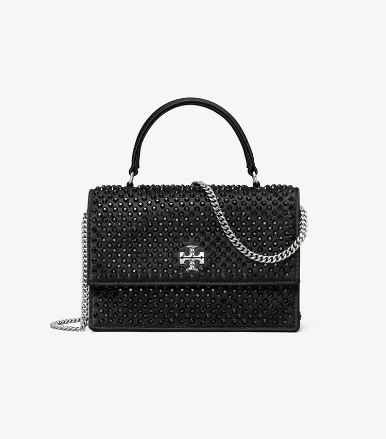 Tory Burch designer mini bags Mini Kira Satin Embellished Top-Handle Chain Wallet in Black front
